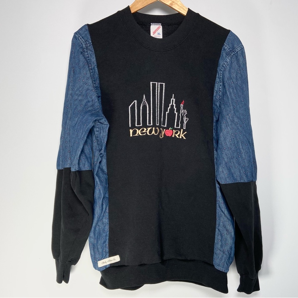 Vintage Upcycled New York Denim Floral Crew Neck Colorblock Patchwork Sweatshirt